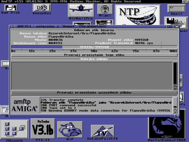 Pobieranie pliku z serwera FTP Aminet. Prędkość transmisji cps=kB/s. Jak widać prędkość średnia to około 10-11KB/s, nieźle jak na procesor 7MHz :) .