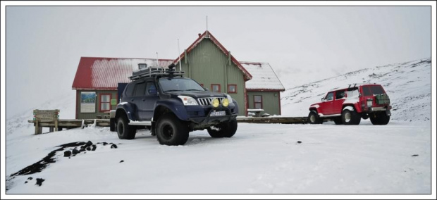 Hraftninusker hut and mighty 4x4s.