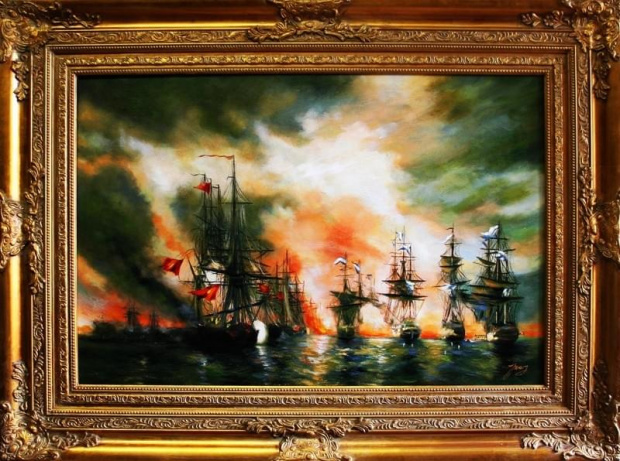 Bitwa na Morzu-Obraz malowany recznie,olej plotno piekna rama w cenie, 120x90cm,cena 890zl,wys.0zl. #bitwa